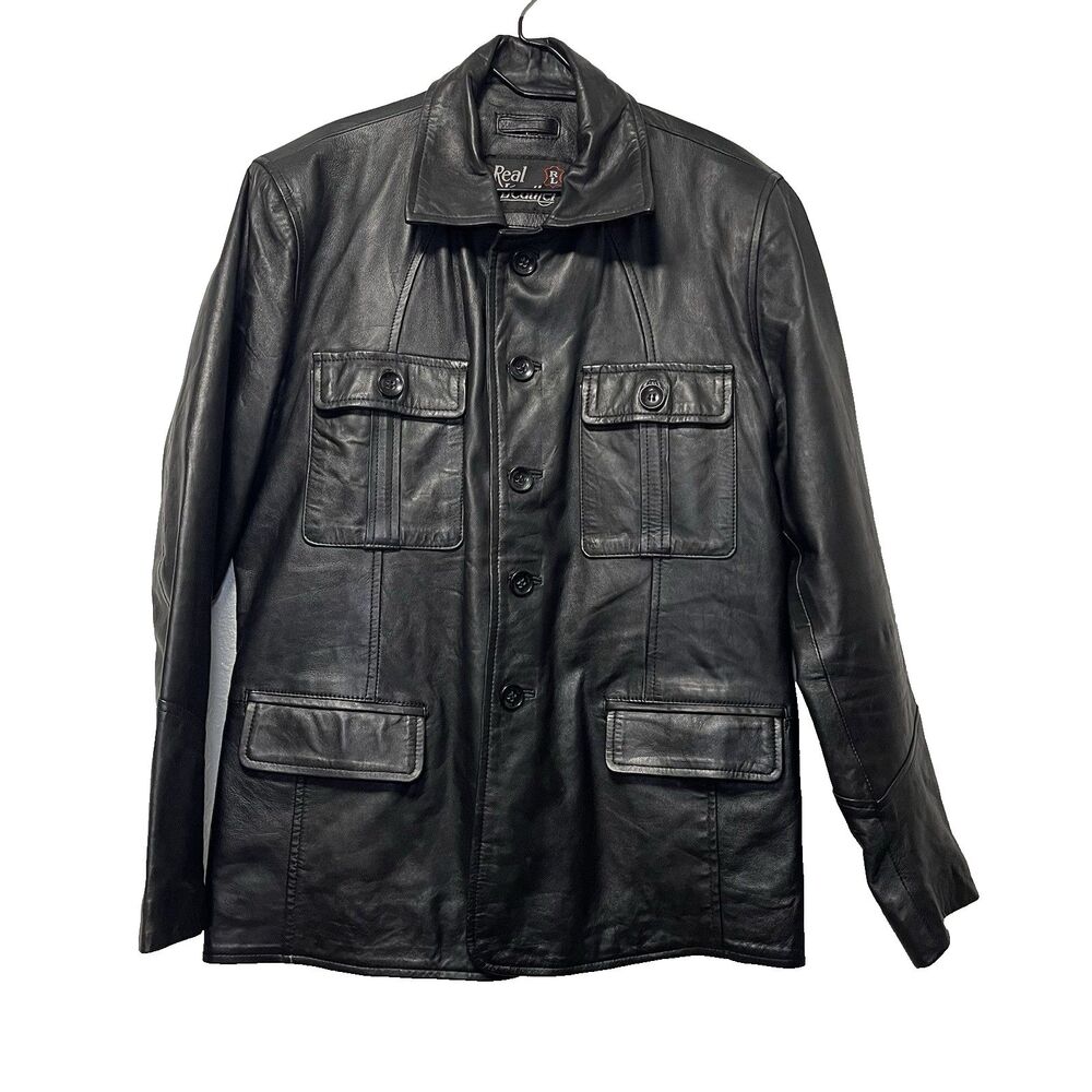 Real Leather Men's Blazer Black Size L Four Pockets Jacket Western Classic Rodeo